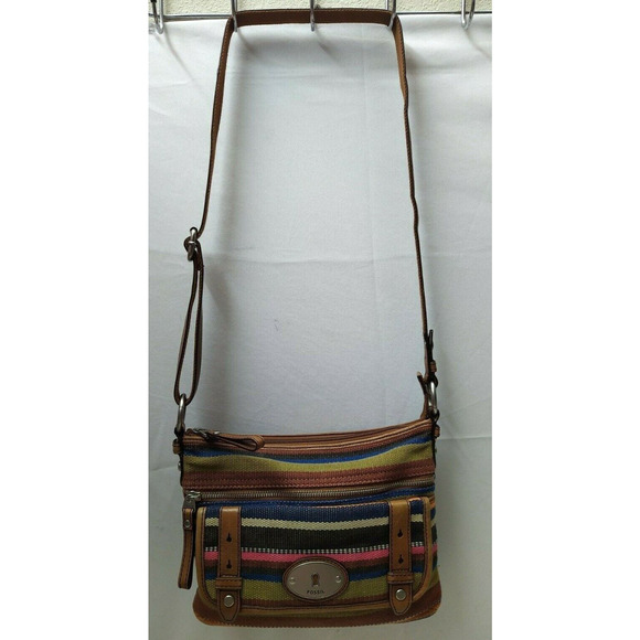 Fossil Maddox Multicolor Canvas Stripes Logo Pockets Zipper Crossbody Bag - Picture 4 of 14
